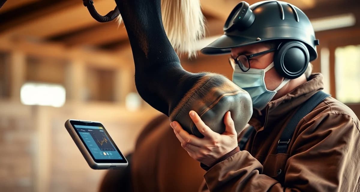 Advanced AI hoof health analysis in farrier practice Farrier using AI hoof flagging technology to detect developing horse hoof health issues before manual inspection