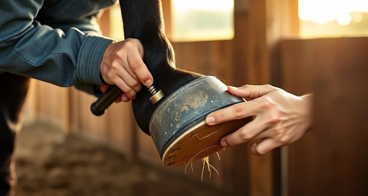 Alabama farrier providing professional hoof care and shoeing services Professional farrier trimming and shoeing a horse's hoof in Alabama, demonstrating farrier services and pricing.