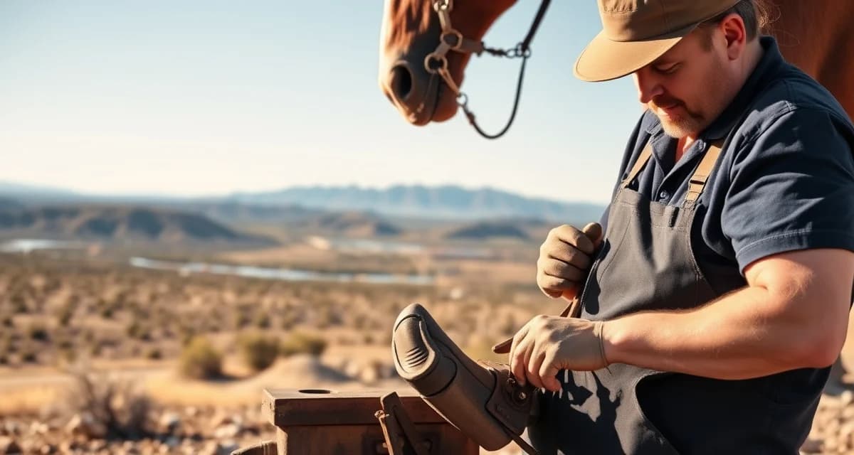Farrier services in Albuquerque New Mexico Professional farrier performing hoof care on horse with Albuquerque New Mexico desert landscape background