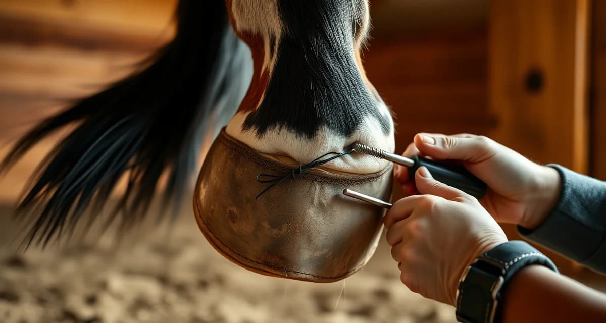 Professional farrier inspecting Appaloosa hoof care Farrier examining Appaloosa horse hoof for shoeing interval assessment and wall integrity
