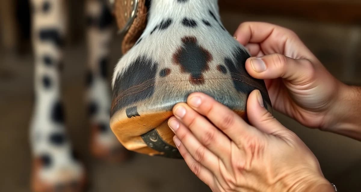 Appaloosa hoof striping examination Appaloosa horse striped hoof showing distinctive dark and light bands examined during professional farrier care session