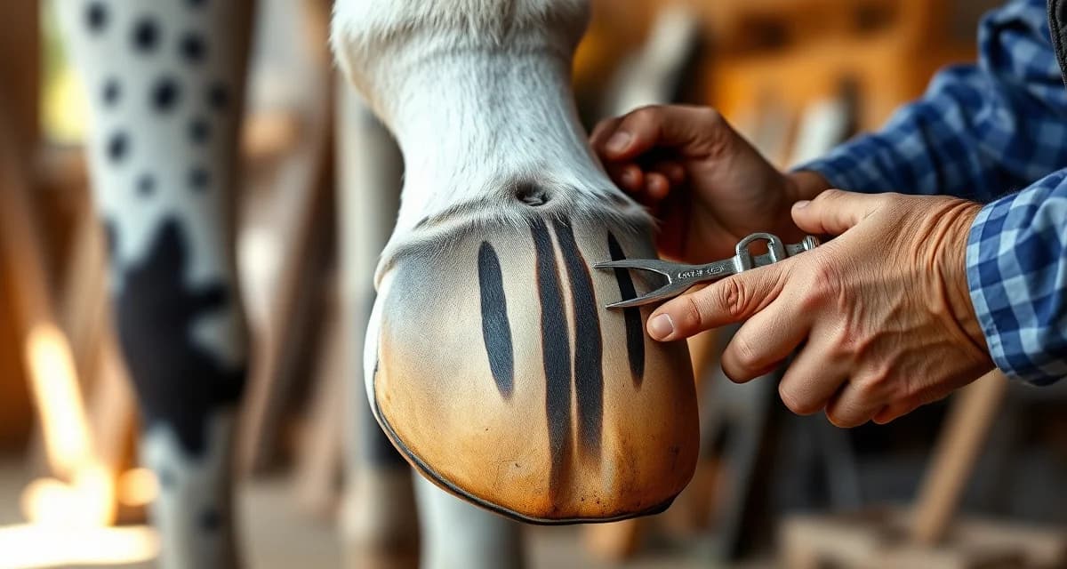Professional Appaloosa hoof care and shoeing technique Farrier examining an Appaloosa horse's distinctive striped hoof with vertical light and dark stripes during professional shoeing.