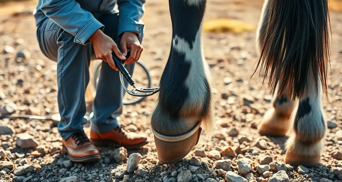 Professional appaloosa horse shoeing technique Farrier applying specialized shoe to Appaloosa horse's striped hoof for rocky trail riding and crack prevention