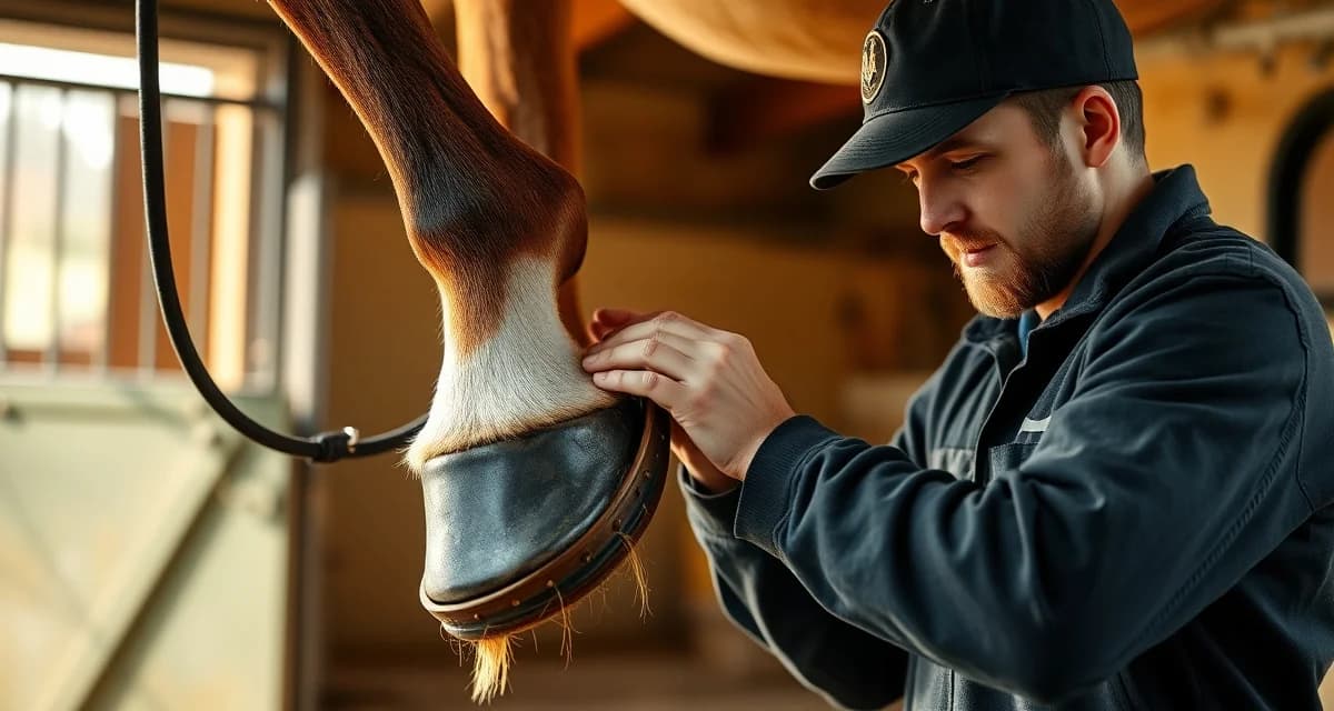 Professional Arabian endurance horse shoeing technique Farrier applying horseshoe to Arabian horse hoof during endurance shoeing process