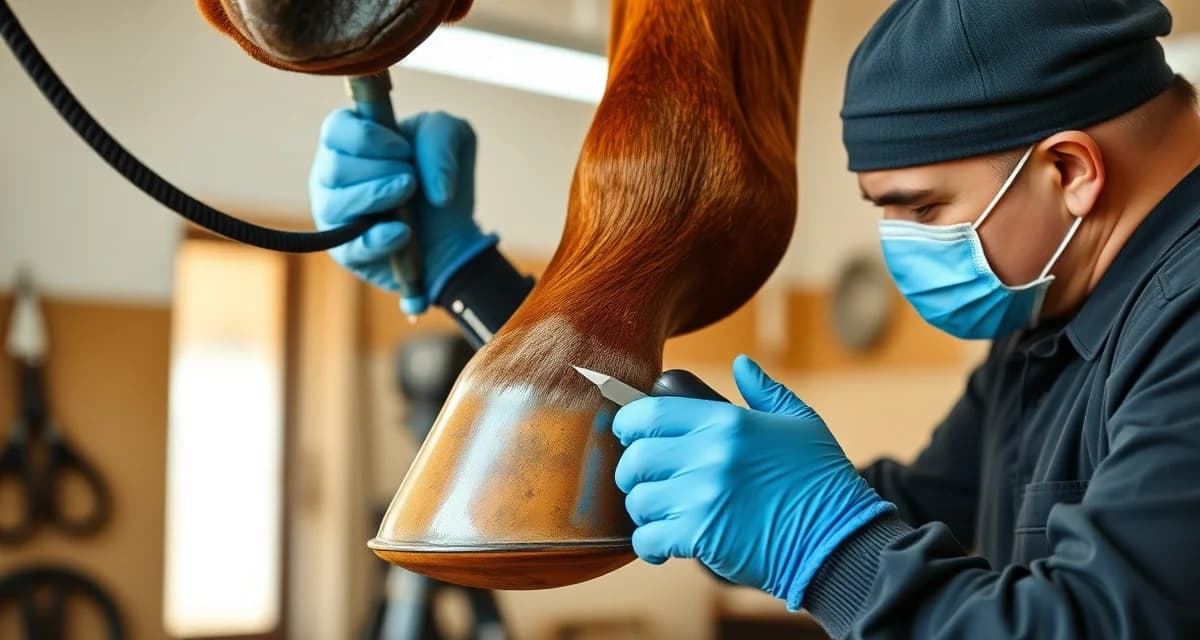 Expert Arabian halter shoeing and hoof care Professional farrier performing precision hoof trim on Arabian halter horse for show preparation and optimal hoof quality
