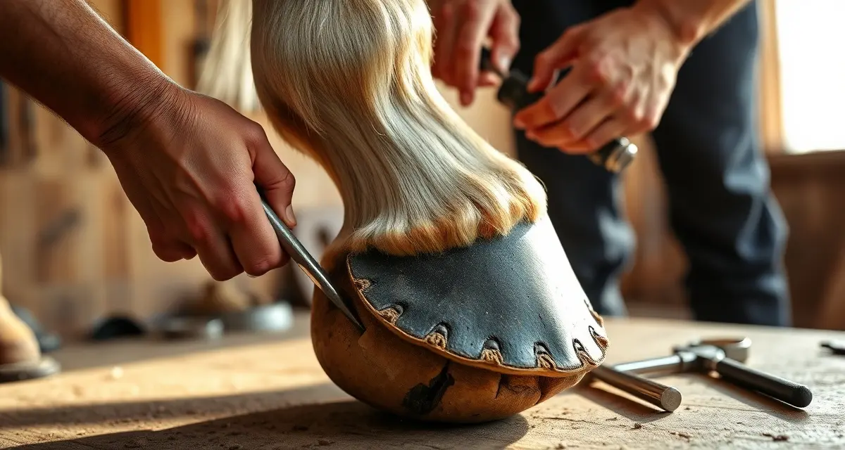 Professional Arabian hoof care and farrier trimming Farrier trimming an Arabian horse's hoof, demonstrating precise care technique for managing thin soles and narrow heels.