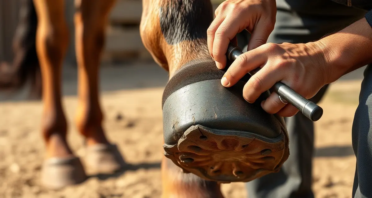 Expert Arabian horse shoeing and hoof care Farrier shoeing an Arabian horse's dense hoof wall with professional trimming and nailing technique