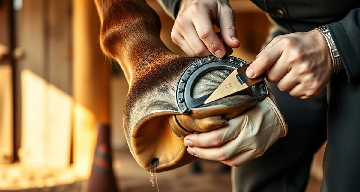 Arabian horse farrier shoeing and hoof care Professional farrier shoeing an Arabian horse's hoof, demonstrating proper shoeing technique for thin sole Arabian breed characteristics.
