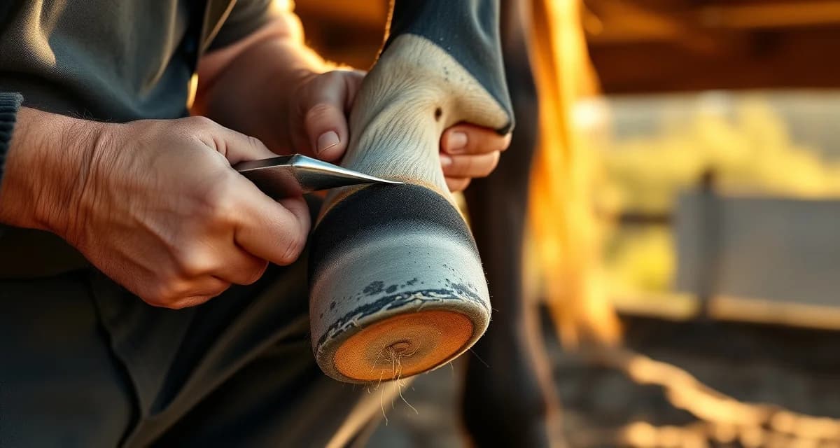 Expert farrier performing hoof care services in Arizona Professional farrier in Arizona trimming and caring for a horse's hoof with specialized tools and expertise