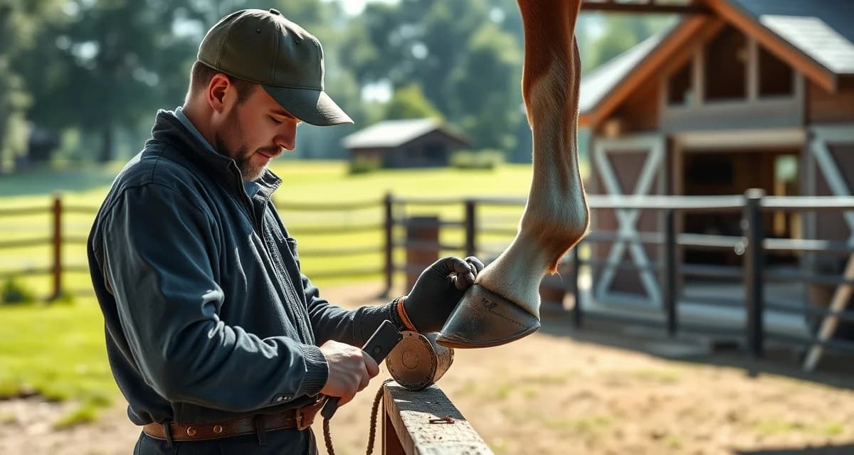 Expert farrier services for North Atlanta horse communities Professional farrier performing hoof care management on horse at Atlanta suburban estate farm with premium facilities