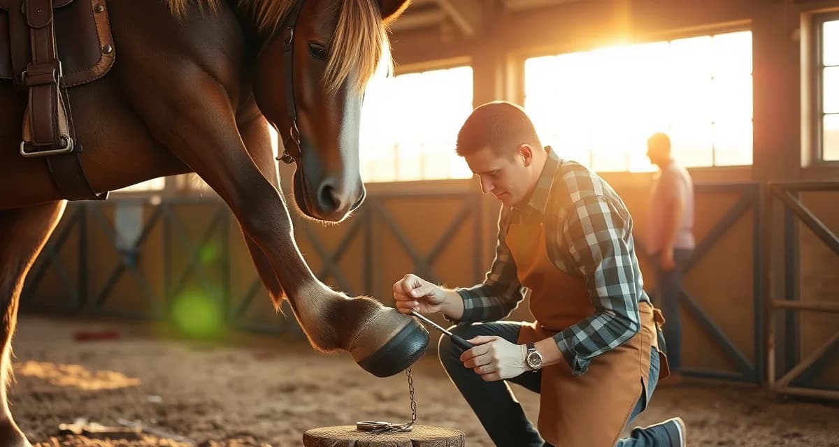 Central Texas farrier hoof care and shoeing services Professional farrier performing hoof care on a horse in Austin, Texas with modern scheduling management tools