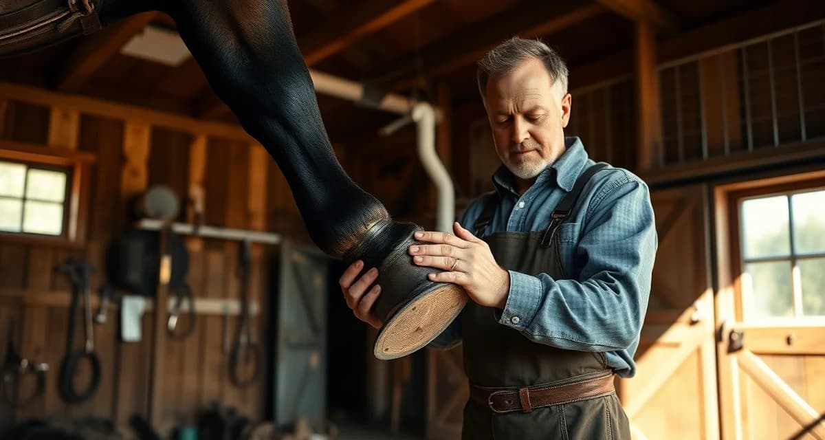 Expert farrier shoeing a barrel racing horse Professional farrier applying horseshoe to barrel racing horse hoof with precision nailing technique for optimal performance and injury prevention