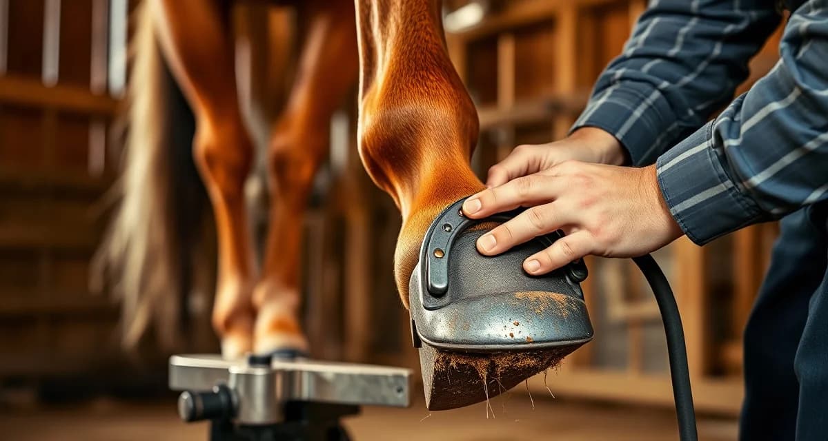 Professional farrier shoeing barrel racing horse Farrier fitting horseshoe on barrel racing horse hoof showing proper shoeing intervals and hoof care management
