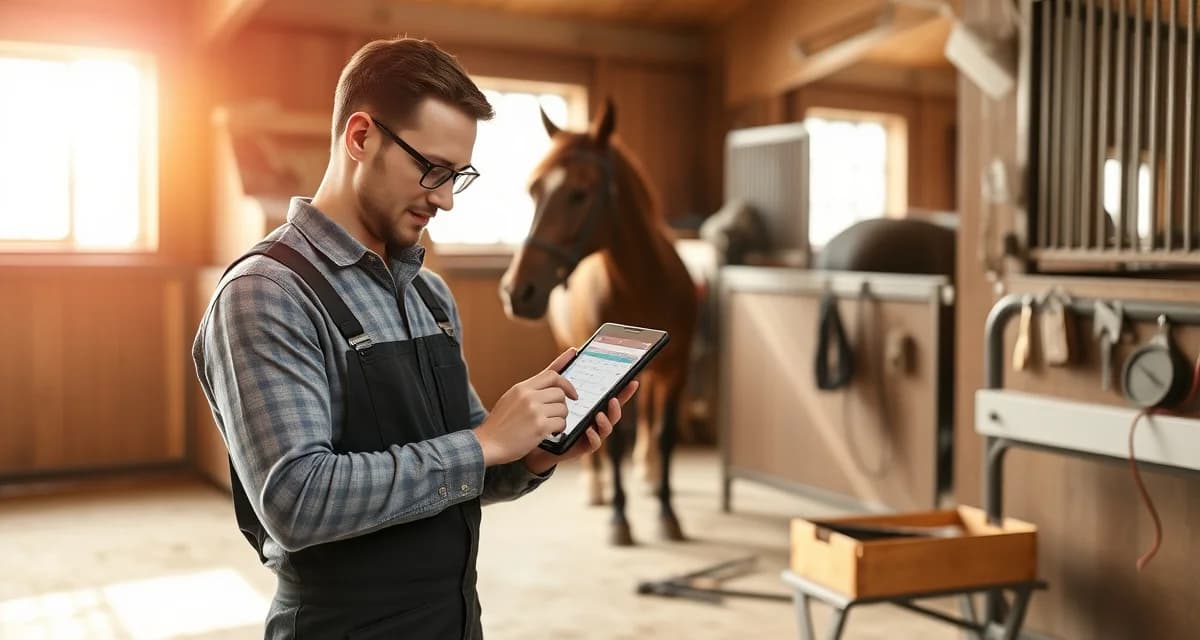 Top farrier app comparison for scheduling and horse hoof care Farrier using FarrierIQ scheduling app on tablet to manage hoof care appointments and invoicing for equine business