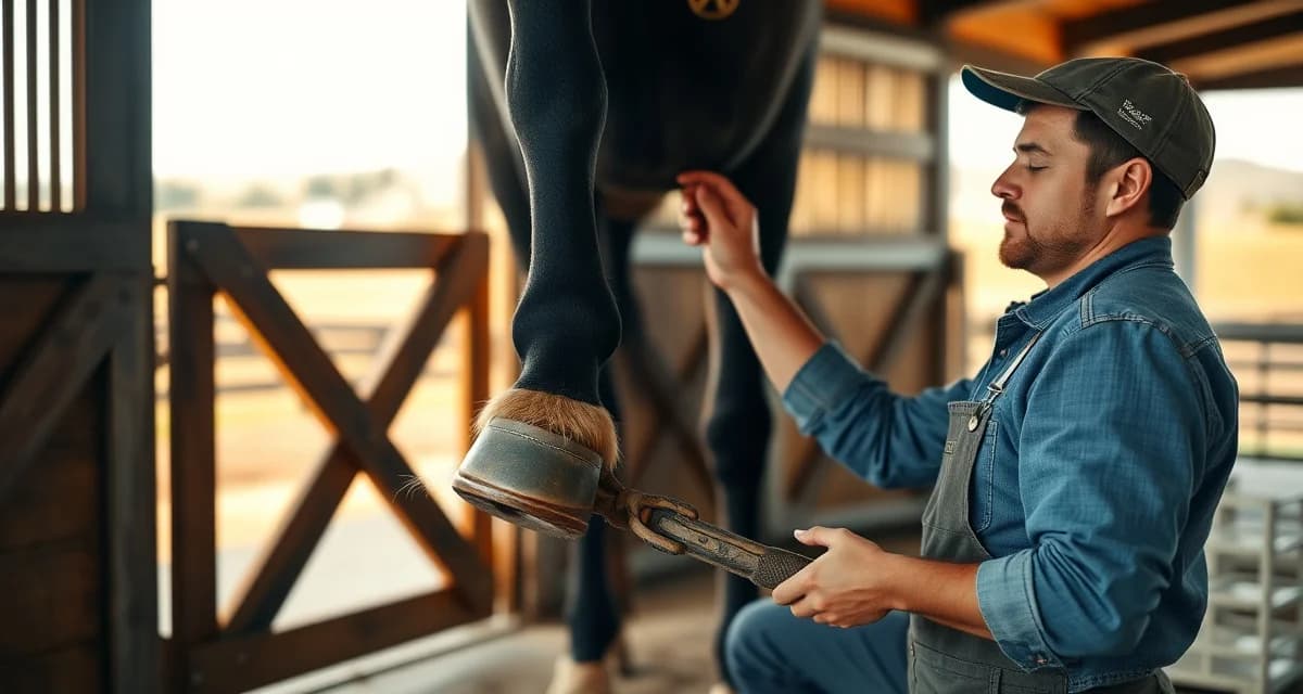 Expert farrier providing hoof care services in Boise Professional farrier trimming horse hoof in Boise Idaho with modern farrier tools and equipment in stable setting.