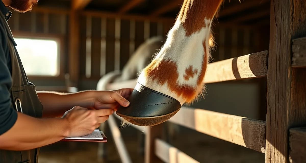 Professional hoof care management during breeding season Farrier inspecting mare's hoof during breeding season with detailed hoof care records and management system visible