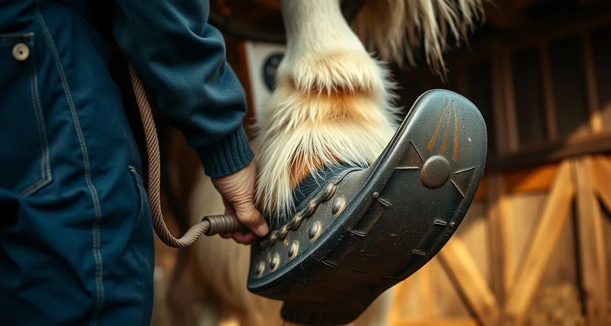 Professional Clydesdale shoeing and hoof care Farrier fitting a heavy specialized shoe on a Clydesdale horse's hoof, showing professional draft horse shoeing technique and feathered leg detail.