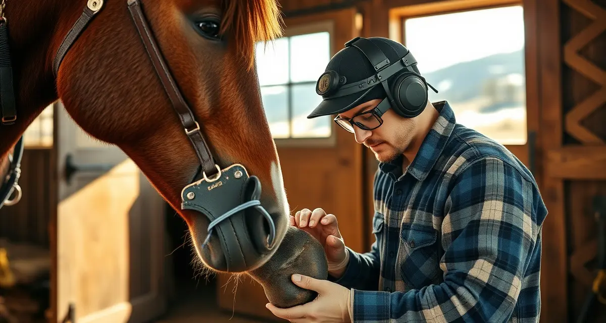 Colorado farrier licensing and hoof care services Professional farrier performing hoof care on a horse in Colorado, demonstrating proper farrier techniques and certification standards