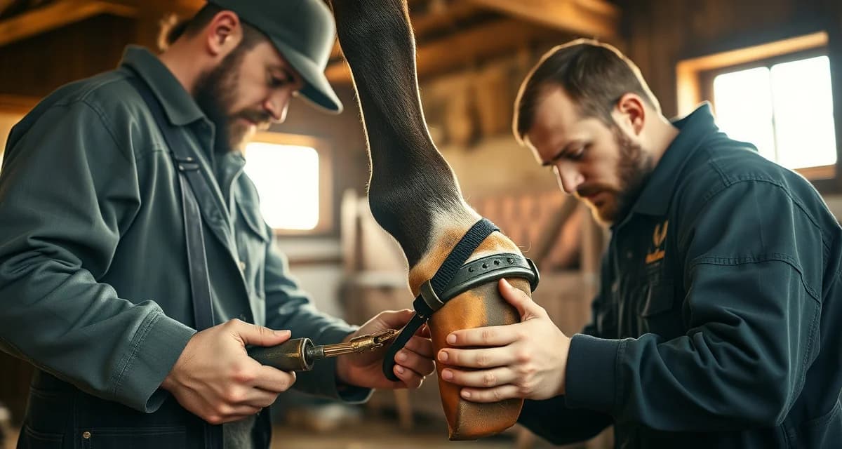 Colorado farrier applying horseshoes - pricing guide Professional farrier applying steel horseshoes to horse hoof in Colorado, showing typical farrier services and pricing.