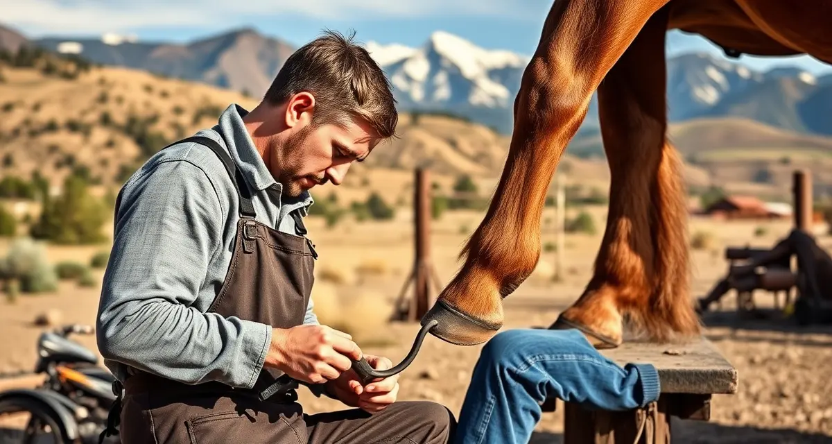 Expert farrier services across Colorado Springs region Professional farrier performing hoof care on horse with Colorado Springs Pikes Peak mountains in background