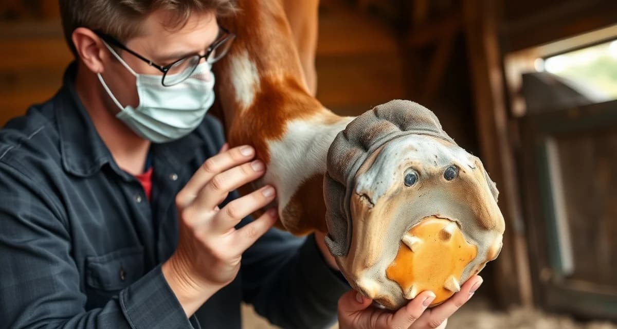 Club foot corrective shoeing examination Farrier performing corrective shoeing assessment on a horse with club foot deformity, demonstrating flexural deformity treatment technique.