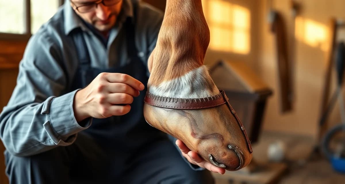 Laminitis corrective shoeing procedure for coffin bone rotation Farrier performing corrective shoeing on horse hoof with coffin bone rotation and laminitis management using specialized therapeutic techniques