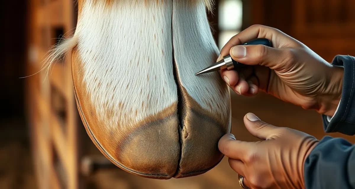 Professional hoof crack diagnosis and evaluation Farrier examining a vertical hoof crack on a horse's foot to assess depth and severity for corrective shoeing treatment.