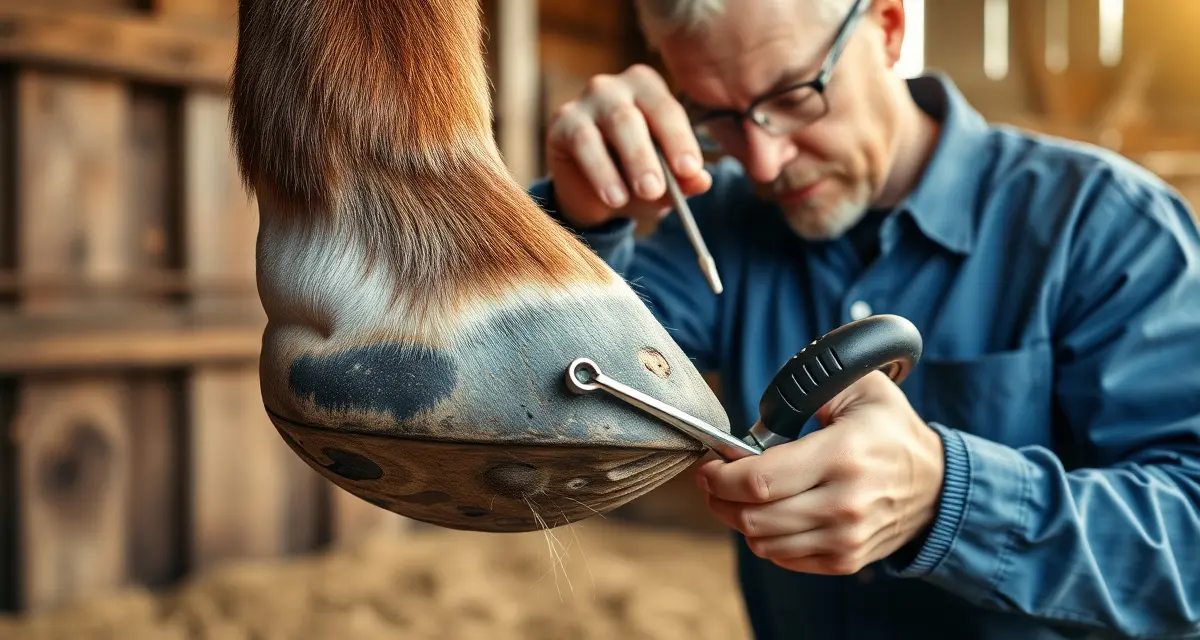Professional corrective shoeing for equine laminitis treatment Farrier performing corrective shoeing technique on laminitic horse hoof during recovery phase with therapeutic trim
