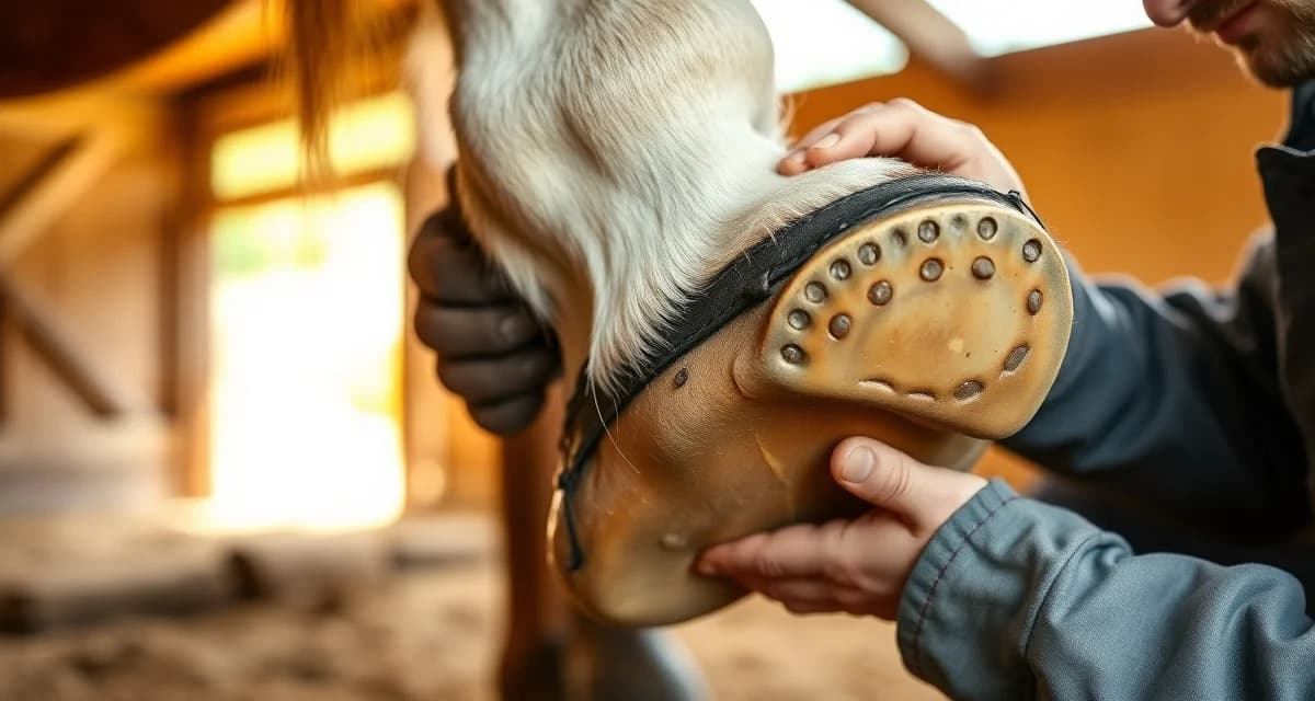 Corrective Shoeing Technique for Long Heels Farrier examining and correcting overgrown heels on horse hoof during corrective shoeing procedure