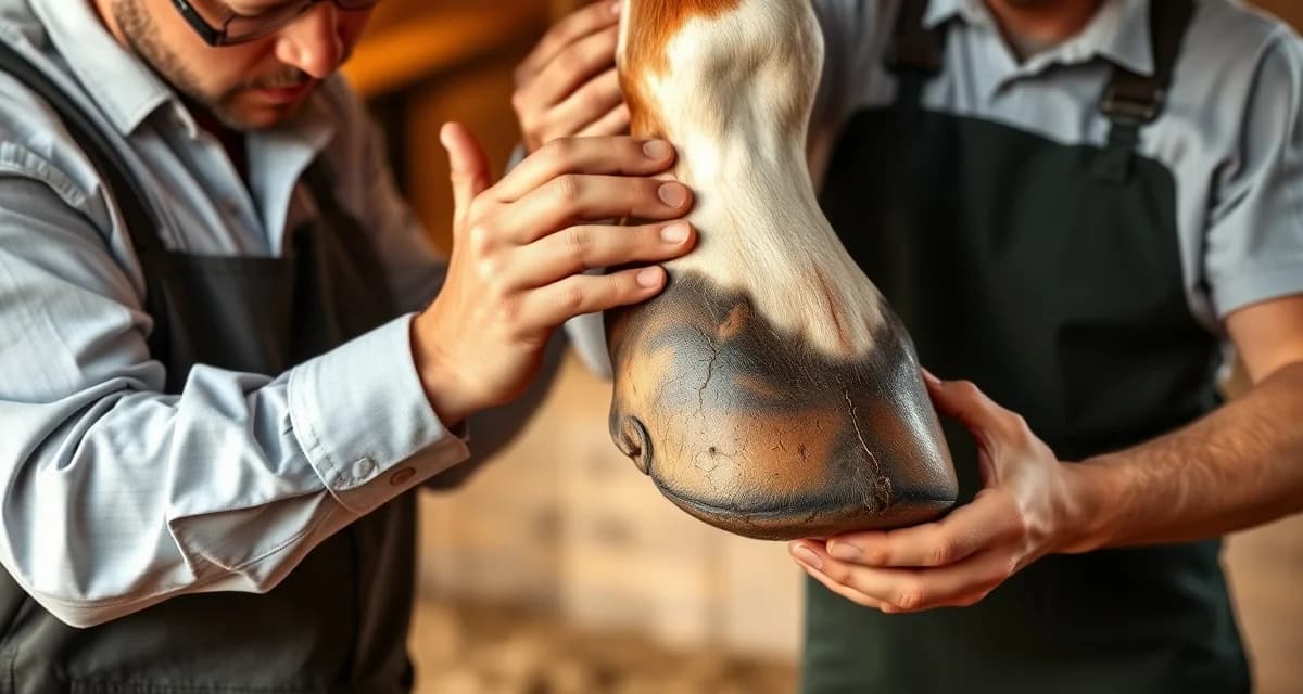 Professional hoof care evaluation for sidebone treatment Farrier examining horse hoof sidebone ossification for corrective shoeing assessment and lateral cartilage management