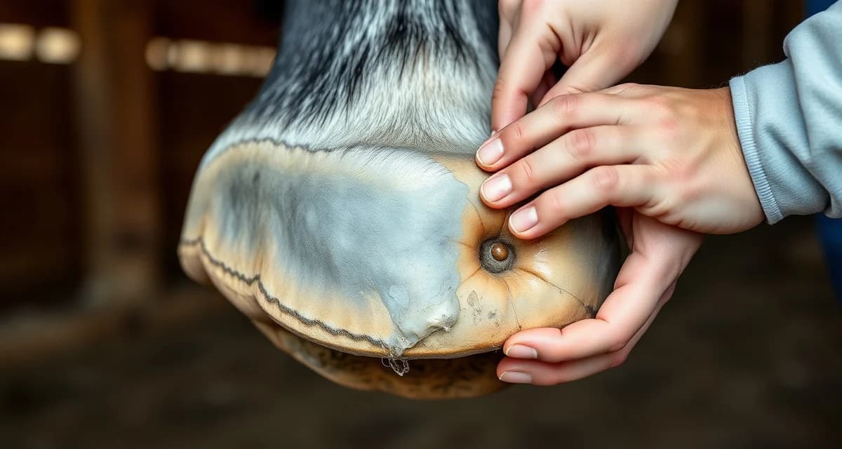 Professional farrier assessment of thrush in equine hoof anatomy Farrier examining horse hoof with thrush in central sulcus during corrective shoeing and hoof care treatment