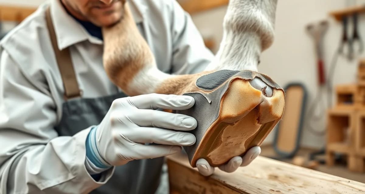 White line disease hoof treatment and corrective shoeing Farrier performing corrective shoeing treatment on horse hoof affected by white line disease during debridement procedure