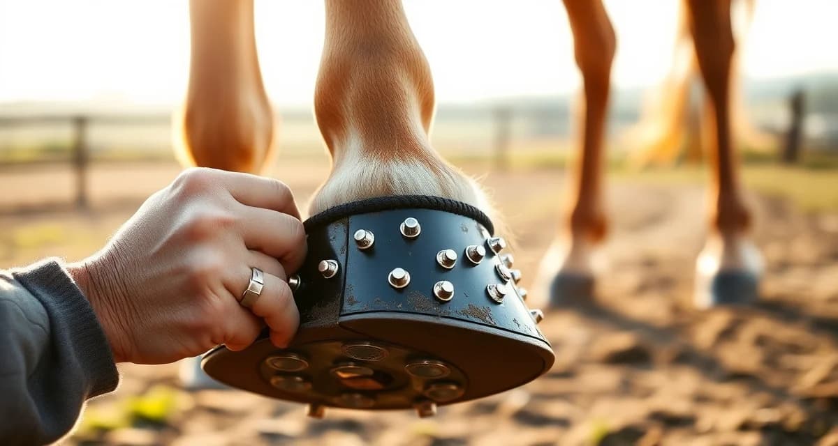 Professional farrier stud placement for cross-country equestrian competition Farrier installing studs on cross-country horse's hoof shoes for eventing safety and traction on variable terrain