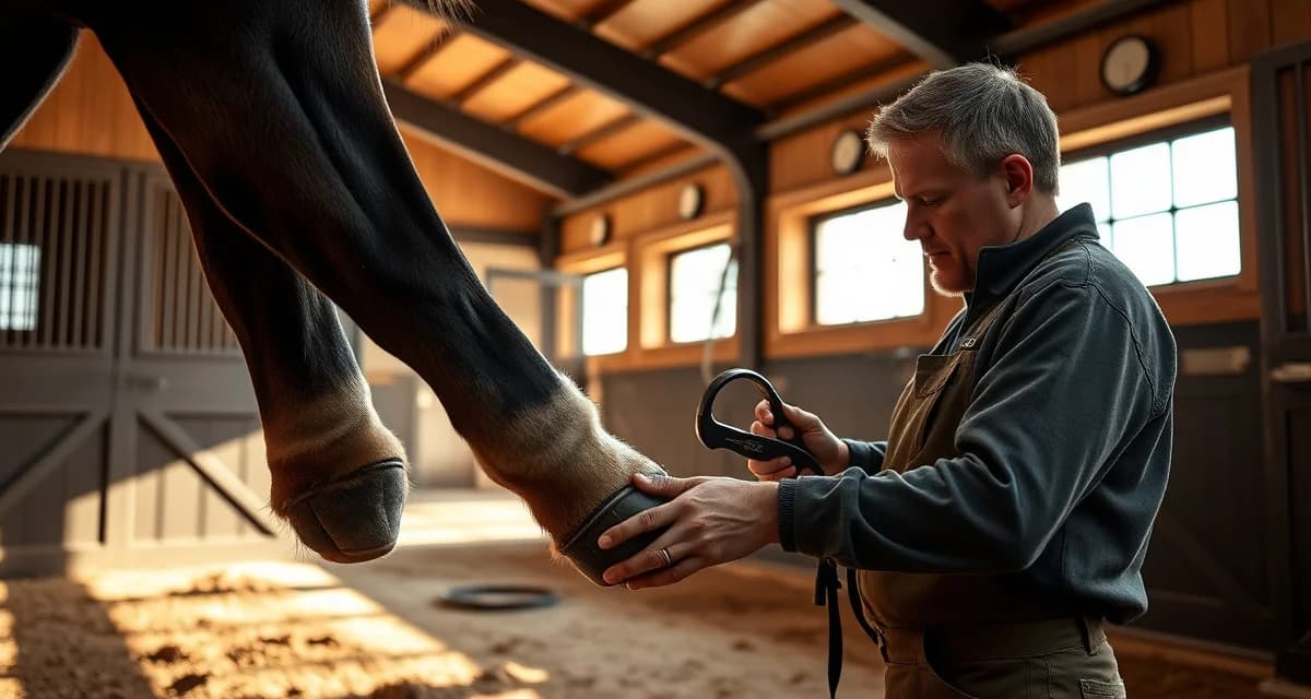 Expert Farrier Services in DC Metro Area Professional farrier performing hoof care on horse in Northern Virginia equestrian facility with premium barn setting