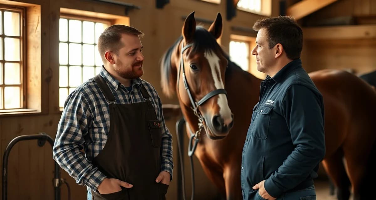 Managing difficult farrier client relationships professionally Professional farrier discussing horse care with client in stable, demonstrating effective communication and boundary-setting techniques.