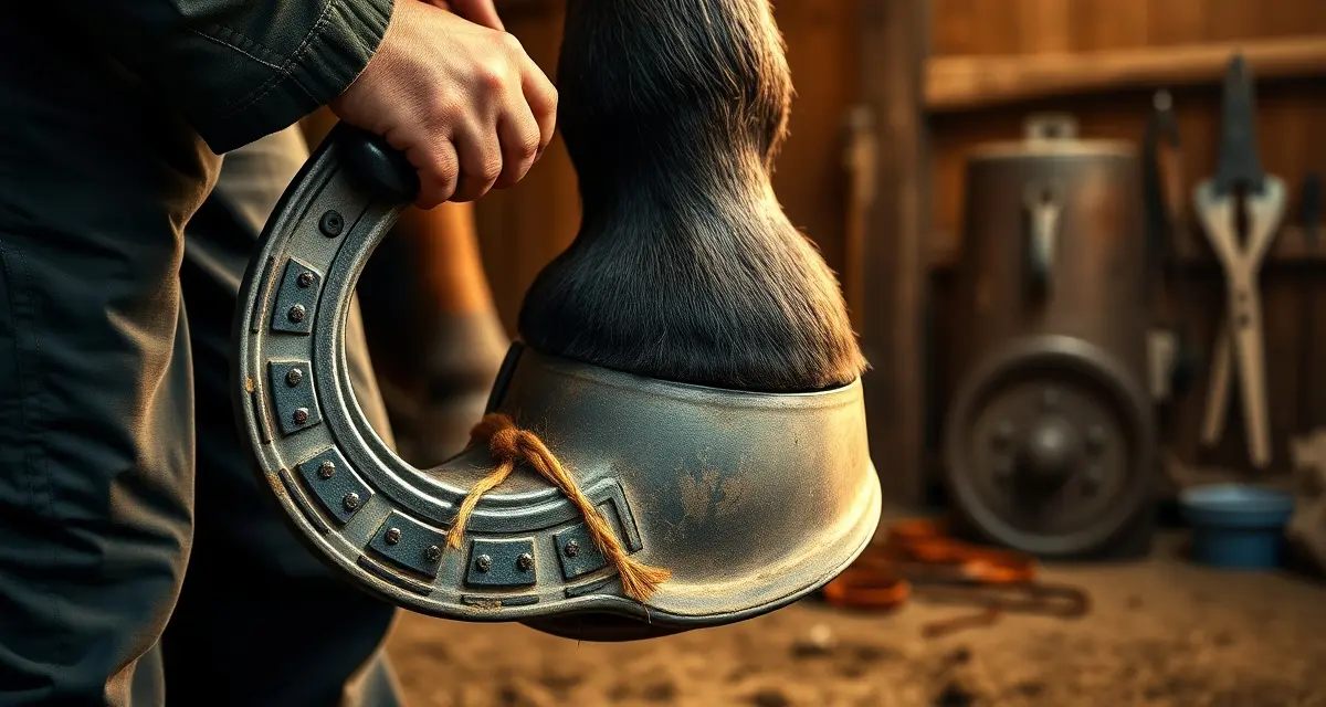 Professional draft horse competition shoeing Farrier installing specialized competition pulling shoes on draft horse hoof with weighted cleats for maximum traction