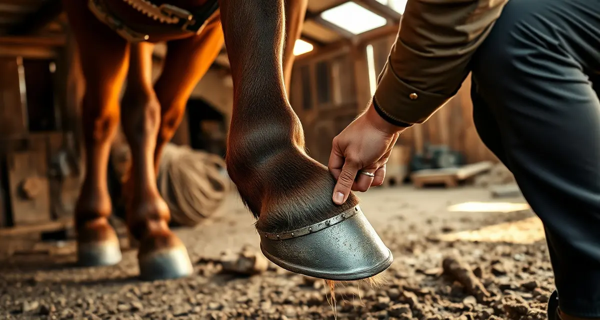 Professional draft horse farrier techniques Expert farrier shoeing a draft horse's hoof during farm work, demonstrating proper shoeing techniques for heavy working horses