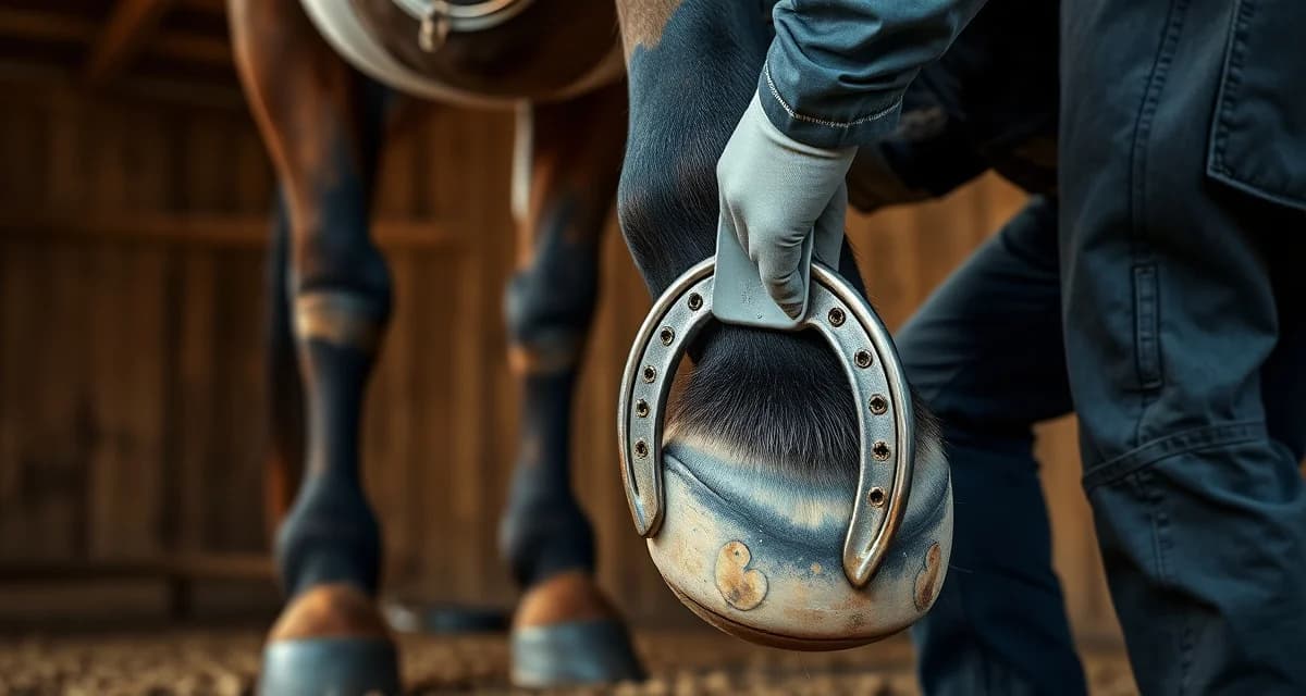 Draft horse shoeing process with heavy specialty shoes Farrier fitting a heavy draft horse shoe onto a large Clydesdale or Belgian horse hoof, demonstrating professional shoeing techniques