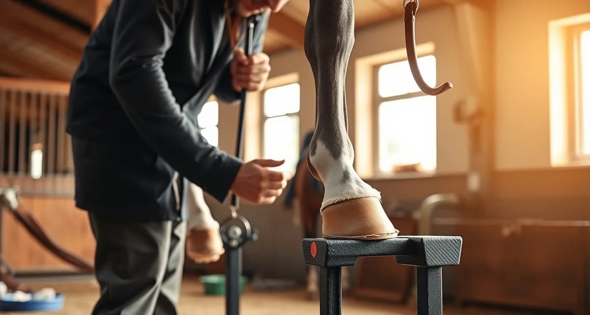 Professional farrier shoeing for dressage competition success Farrier precisely fitting horseshoe on dressage horse's hoof to optimize collection and movement performance.
