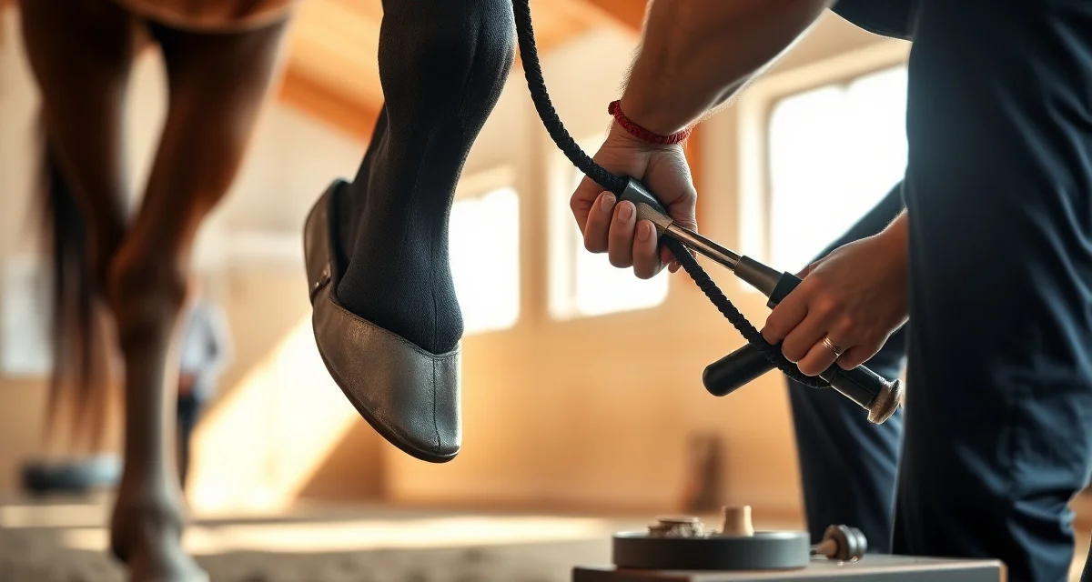 Dressage farrier specialty shoeing work Professional farrier performing precision specialty shoeing on dressage horse hooves with specialized equipment