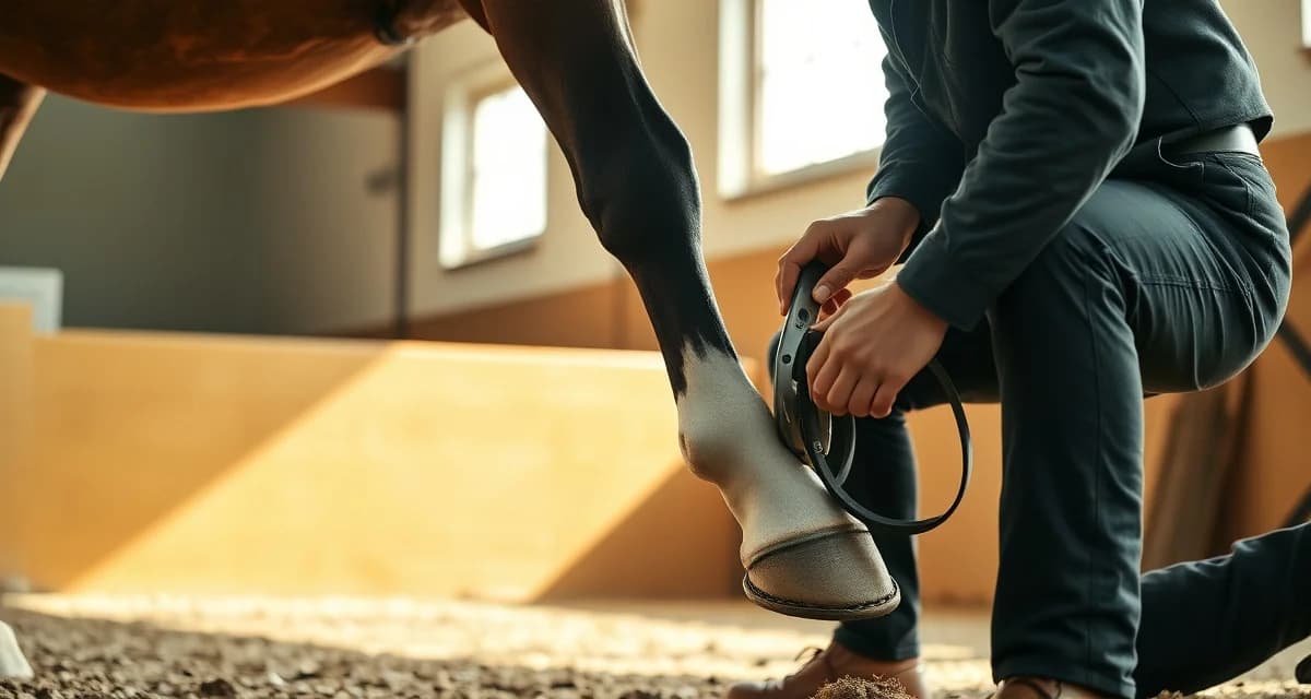 Expert farrier applying sport horse shoeing for dressage performance Professional farrier fitting specialized horseshoe on dressage horse's hoof using precision tools for performance sport shoeing
