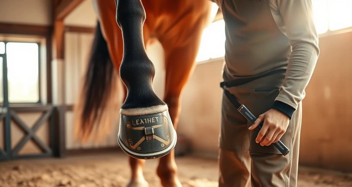 Precision farrier work for dressage horses Professional farrier applying specialized shoes to dressage horse hoof with precision angle measurement for optimal collection.
