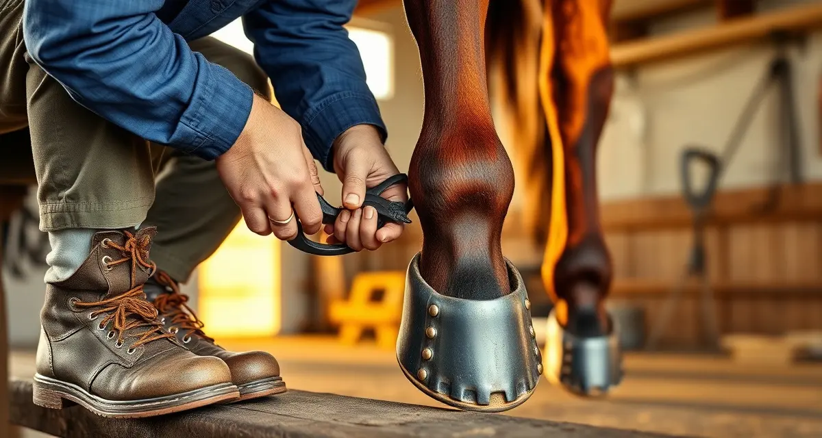 Professional farrier scheduling for endurance horses Farrier applying specialized shoe to endurance horse's hoof for competitive long-distance riding performance
