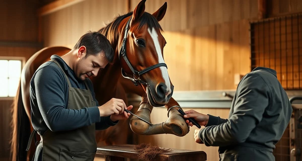 Professional farrier hoof management for endurance horses Farrier performing detailed hoof care on endurance horse, trimming and managing hooves for long-distance riding demands
