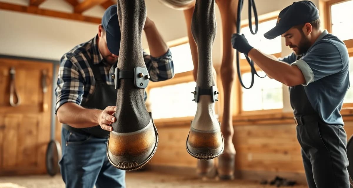 Professional farrier shoeing eventing horses Farrier specialist fitting custom event shoes on eventing horse hooves with precision studs and angles for cross-country performance.