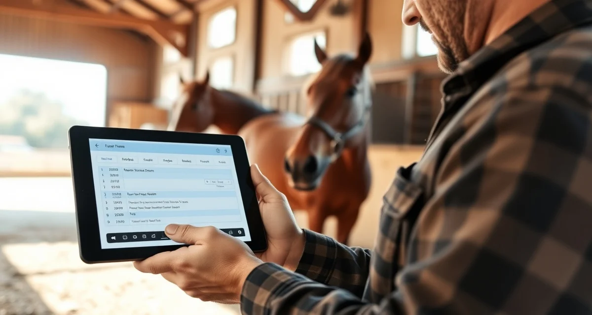 Farrier scheduling software for mid-size horse management Farrier using digital scheduling app on tablet to manage 100-horse farrier book with efficient hoof care management system