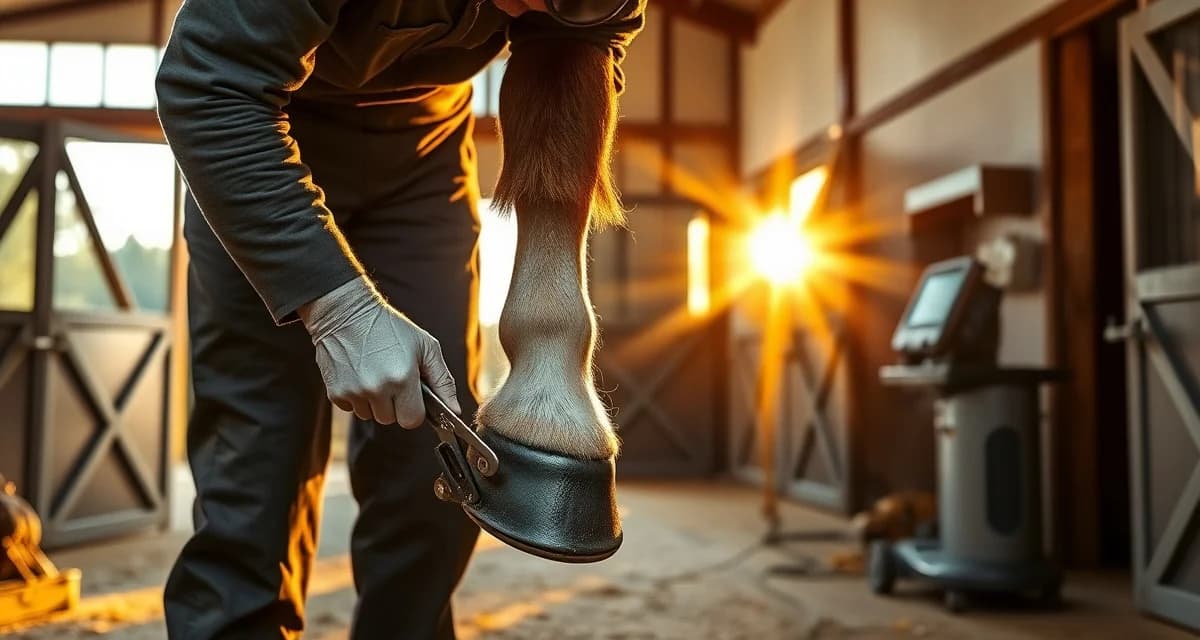 Farrier performing hoof care with modern scheduling solutions Farrier using professional tools during hoof care service, comparing top farrier scheduling app alternatives for route optimization