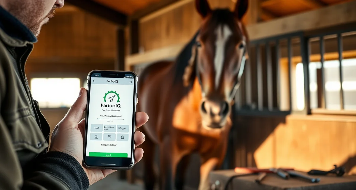 FarrierIQ Android farrier management app in use Farrier using FarrierIQ app on Android phone to manage horse hoof care scheduling and records in stable