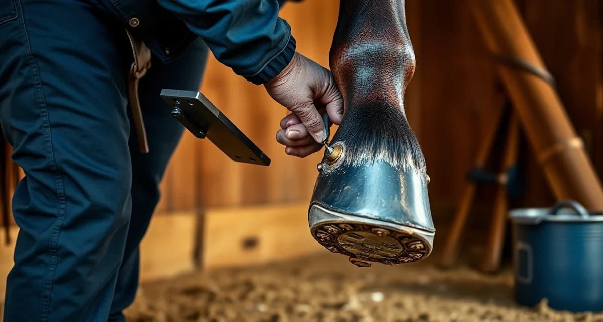 Professional farrier stud configuration for show jumping Farrier installing specialized studs in horseshoes for show jumping horses to improve traction and course safety during competition.