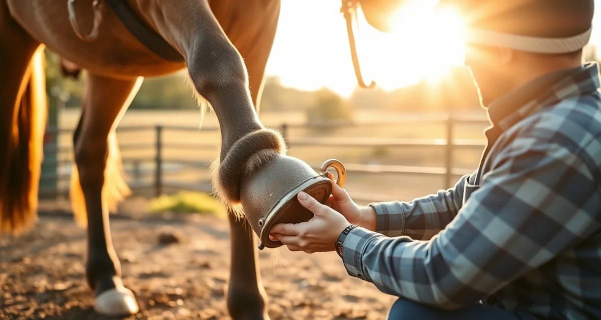 Professional farrier hoof care for trail horses Farrier applying horseshoes to trail horse hoof with professional tools and techniques for optimal hoof care management.